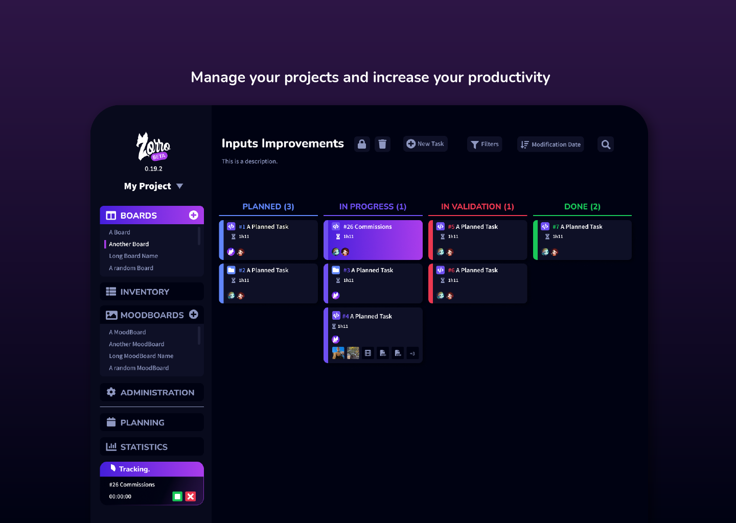 The web design of the project boards of zorro.management, a project management web app
                that works like a kanban system with tasks. Text: Manage your projects and increase your productivity.
                Created by Laura Bacher webdesigner project manager
                UI/UX graphic designer.